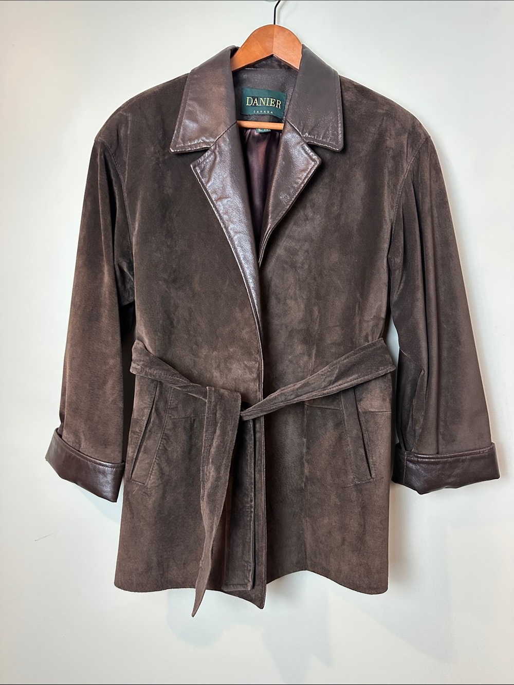 20. Danier Suede Leather Chocolate Brown leather coat waist tie